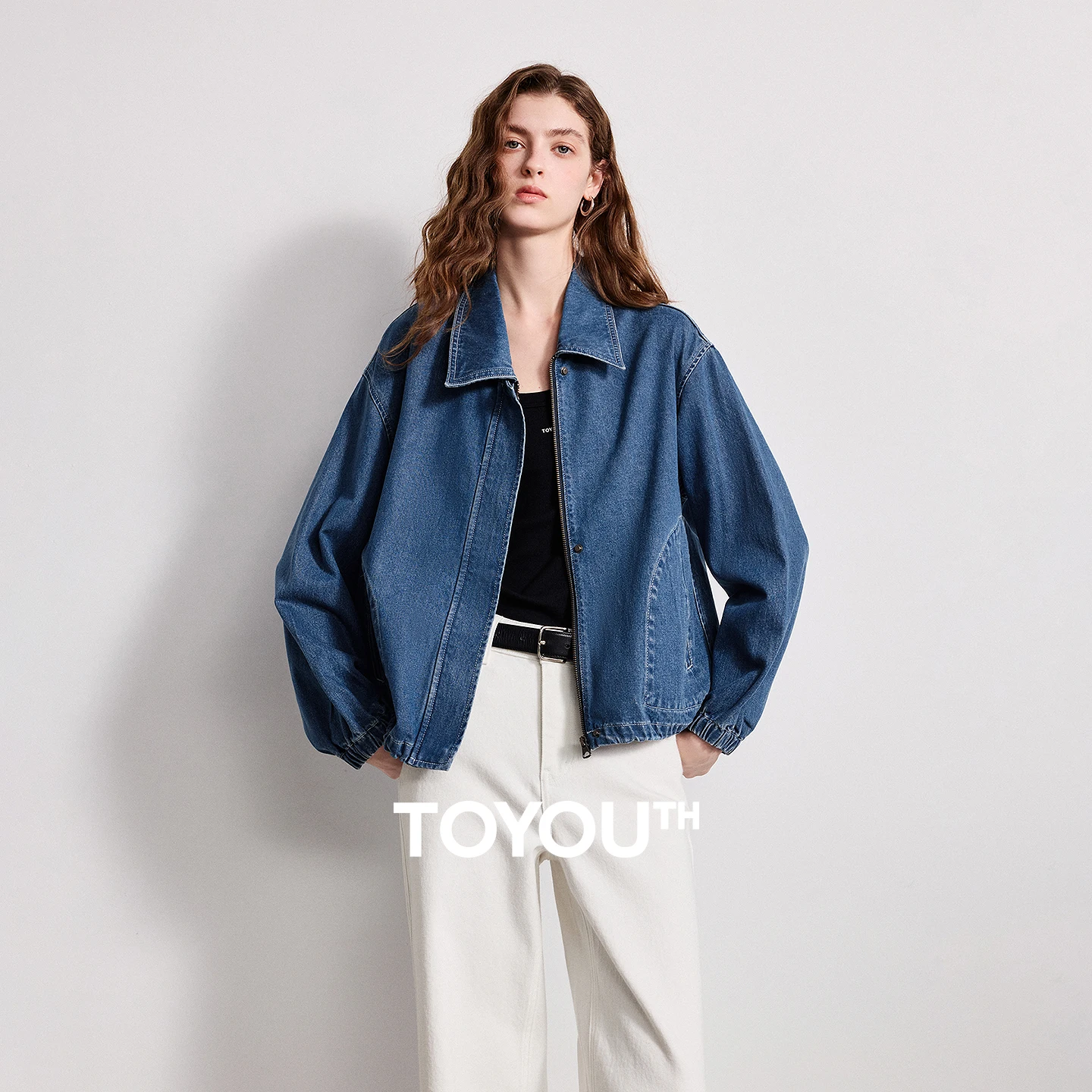 TOYOUTH Women 100% Cotton Denim Jacket 2026 Spring New Loose Drop Shoulder Slant Pocket Retro Medium Blue Jacket