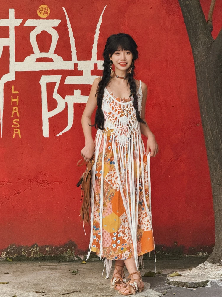 Bohemian Style Tassel Trimmed Hand Knitted Wrap Dress Women's Outerwear Summer 2024 Fashion Design Loose Fit Midi Length