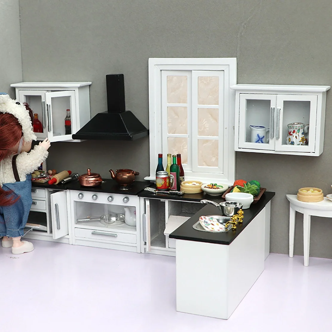 1:12 Mini adegan dapur putih furnitur dapur Range Hood carabinet Cooktop aksesoris