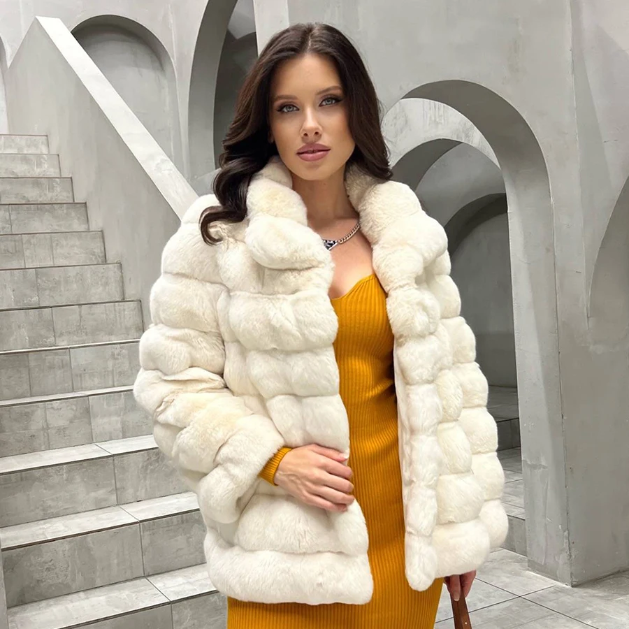 Natural Rex Rabbit Fur Coat White Fur Coat Womens Winter Jackets For Women 2024 Best Selling Outwears