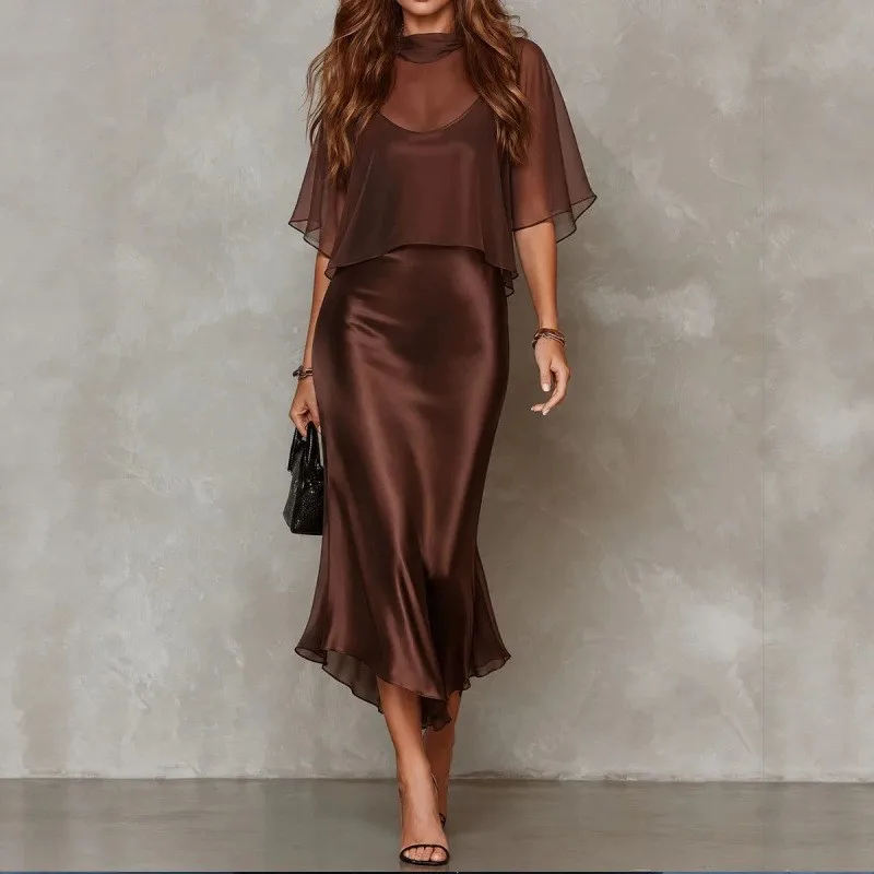 Women 2 Piece Satin Midi Dress Set Sheer Mesh Cape Overlay Top Sleeveless Slip Satin Mermaid Long Dress Evening Party Outfit