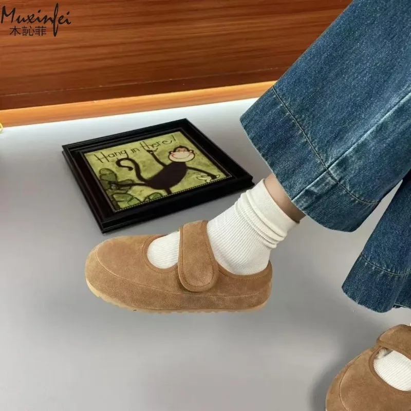 Sheepskin and Fur Integrated Mary Jane Women's Shoes Velcro Fur Slippers 2025 Winter New Round Headed Mueller Slippers for Women