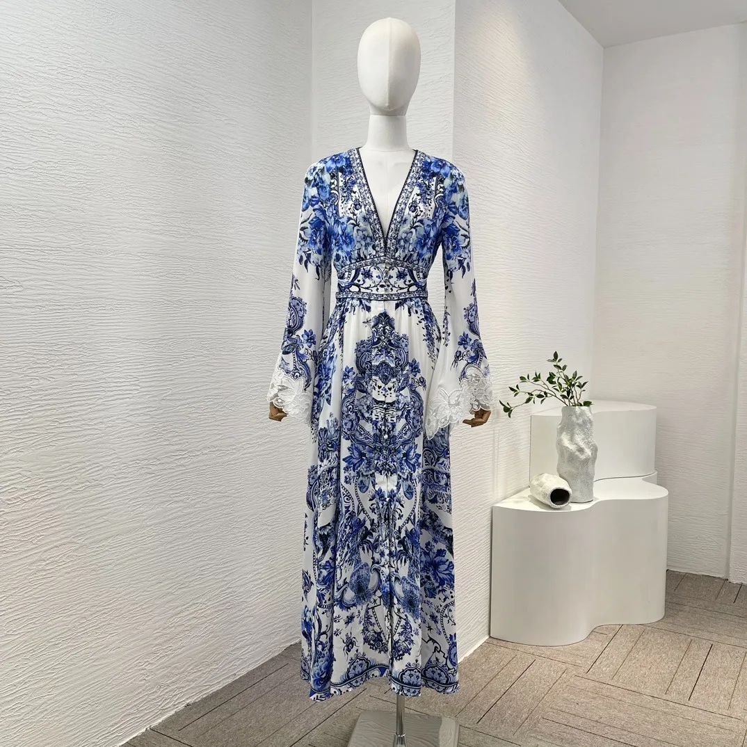 White Blue Silk Porcelain Print Flare Long Sleeve Diamonds Pressed V-Neck Women Vintage 2024 Fashion Collection Midi Dress