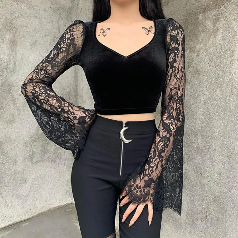 Vintage Gothic Velvet Lace Tops Harajuku Sexy See Through Long Sleeve Crop Top Women Autumn Elegant Basic Tops ropa mujer