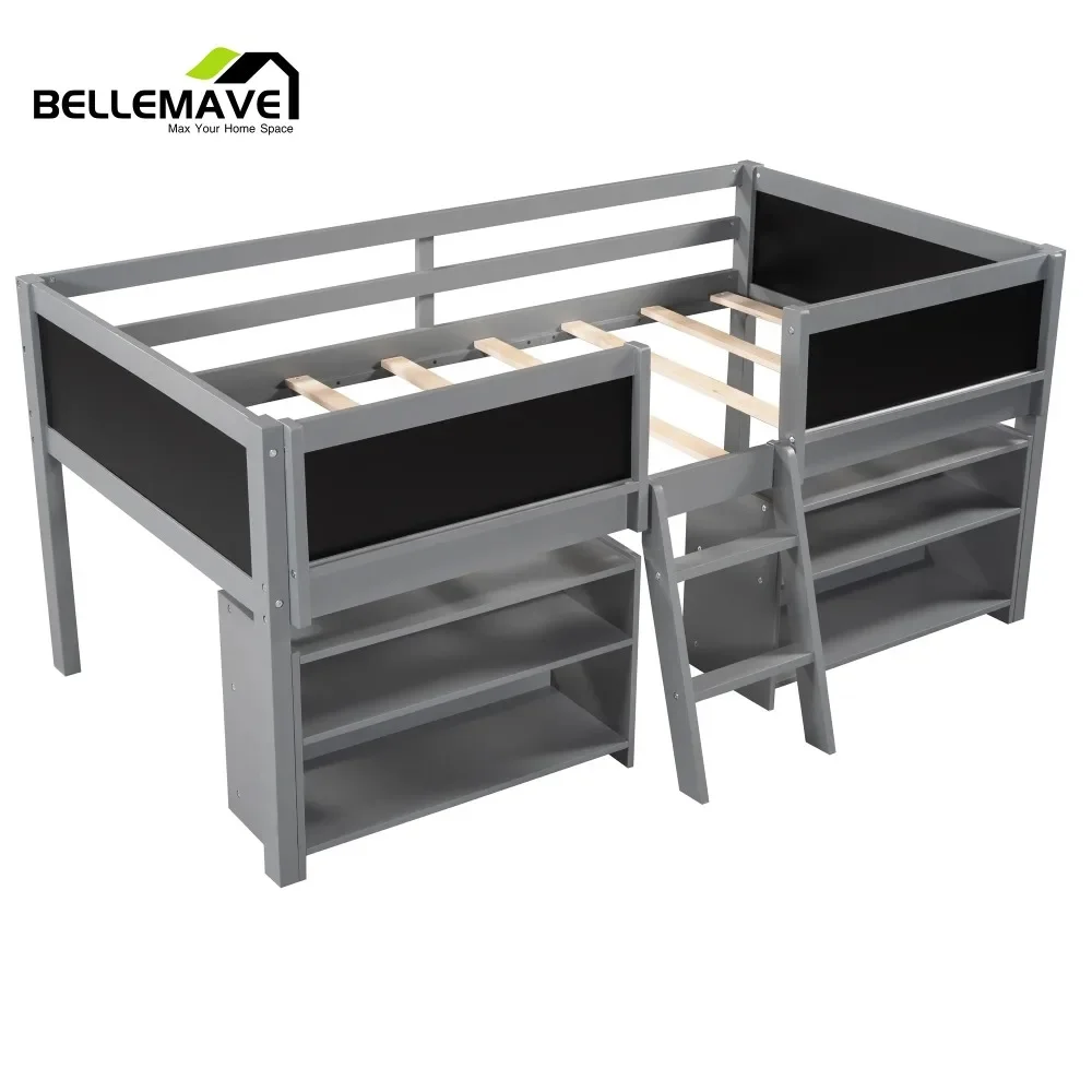 

Wood Twin Size Kids Loft Bed with Movable Shelves and Guardrail Chalkboard, Modern Low Wood Loft Bed for Kids