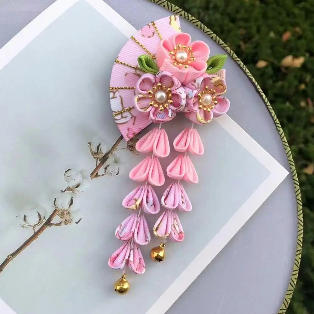 Fan Style Hairpin Japanese Kimono Hairpin with Flowers Bells Faux Pearls Ancient Style Hair Clip Accessories for Women Hair Pin