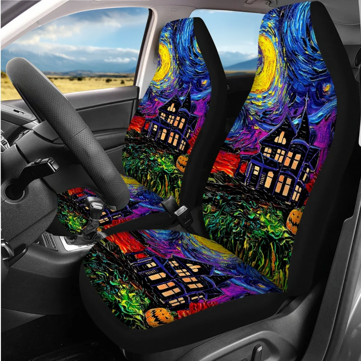 Van Gogh Oil Painting Pattern Car Seat Covers Full Set Easy Clean Steering Wheel Cover Breathable Non-slip Seat Belt Covers Gift