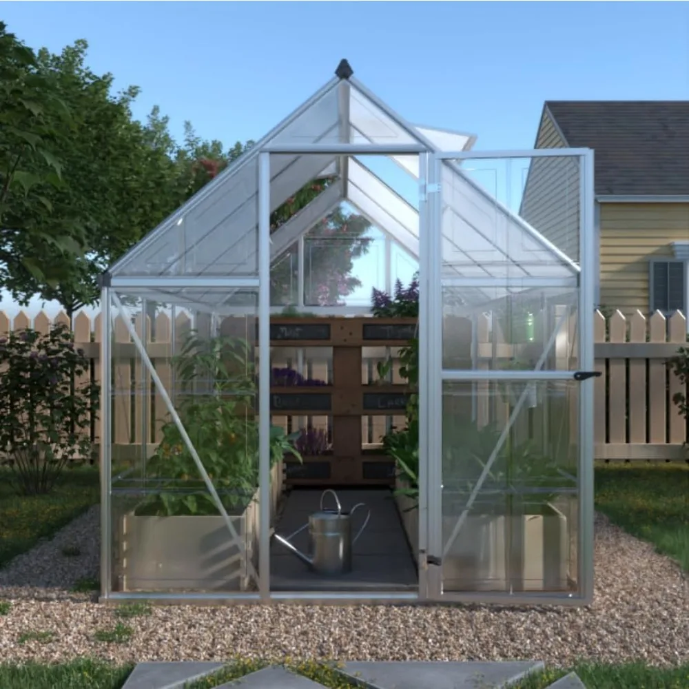 6x8 FT Hybrid Polycarbonate Greenhouse Lockable Hinged Door with 2 Vent Window Walk-in Hobby Greenhouse, Aluminum Hot