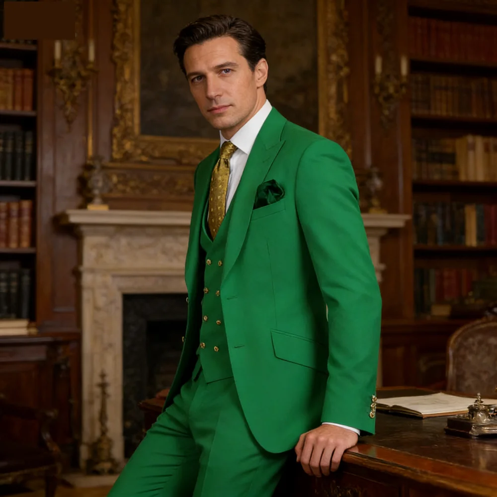 

Prom Suits for Men Slim Fit Groom Wedding Tuxedos Peak Lapel Business Formal Party Male Blazer Vest Pants 3 Piece Costume Homme