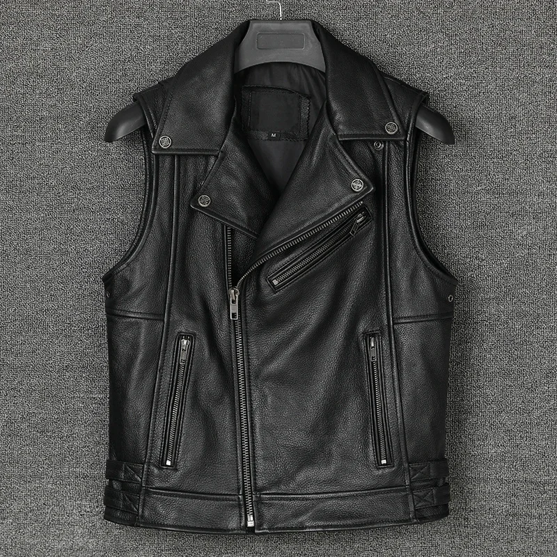 New Genuine Cowhide Leather Vest Men's Oblique Zipper Motorcycle Biker Vests Stand Collar Sleeveless Jackets Waistcoat