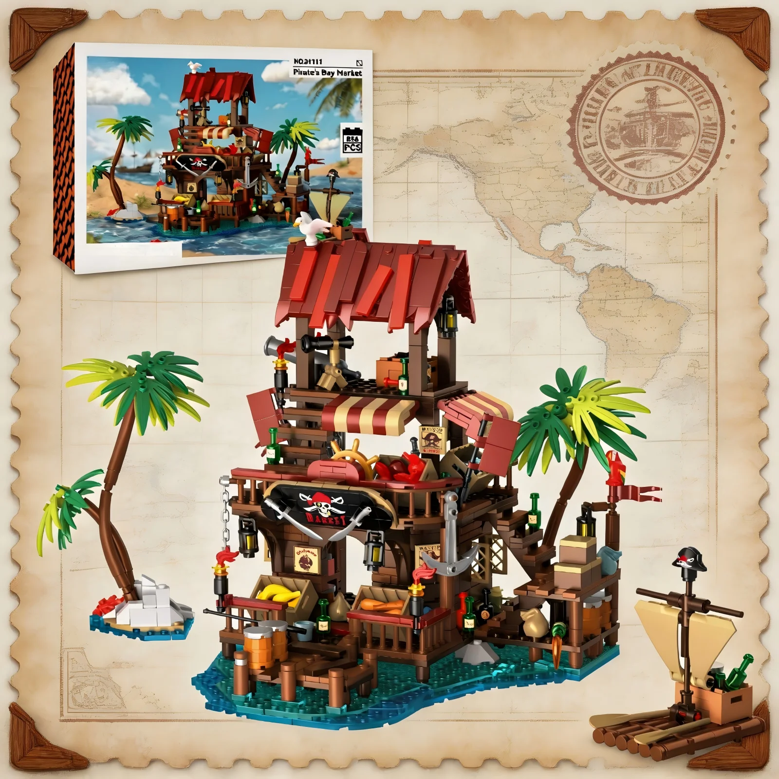 Pirate Harbor Market Building Block Set, 856PCS Pirate Dock Construction Toy, Detailed Pirate Bay Display Model, Creative Gift for Adults & Collectors Model Building Kits Building Blocks Set