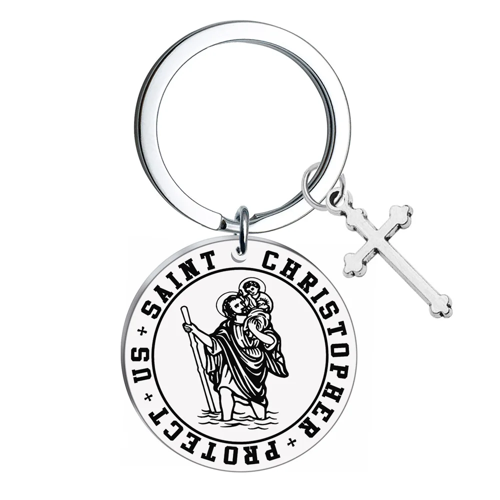 2022 Stainless Steel Saint Christopher protect us Keychain Travel blessing Catholic Cross Keychain