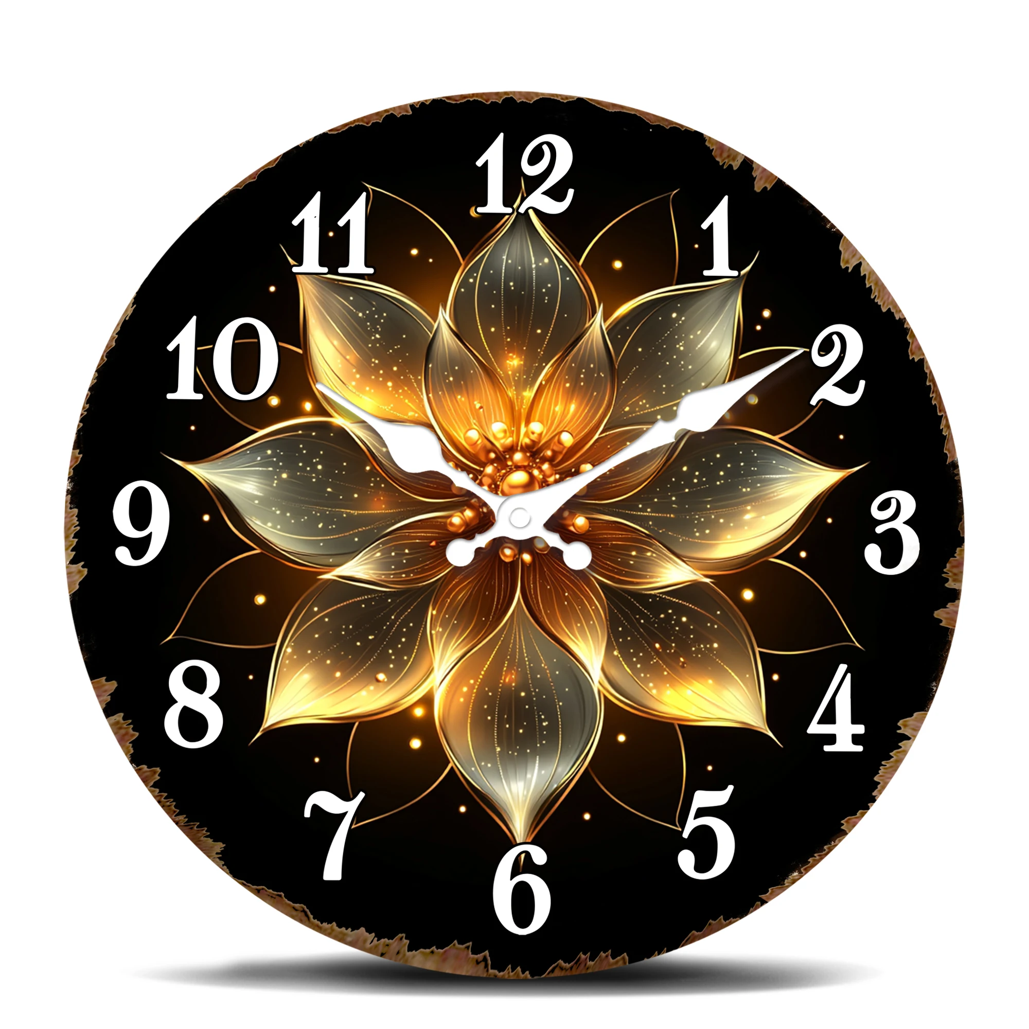 Golden Glowing Flower Wall Clock - Sparkling Floral Art Print - Silent Non-Ticking Elegant Decor Round Clock