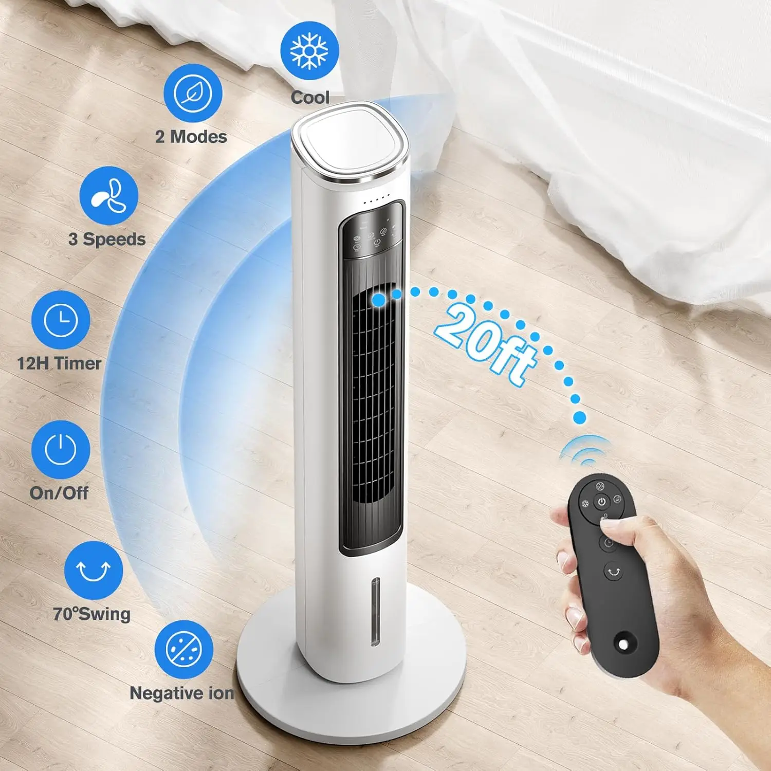 3-IN-1 Portable Air Conditioners Tower Fan, 37'' Evaporative Air Cooler w/Remote, 2.5L Water Tank With 4 Ice Packs, 12H Smart