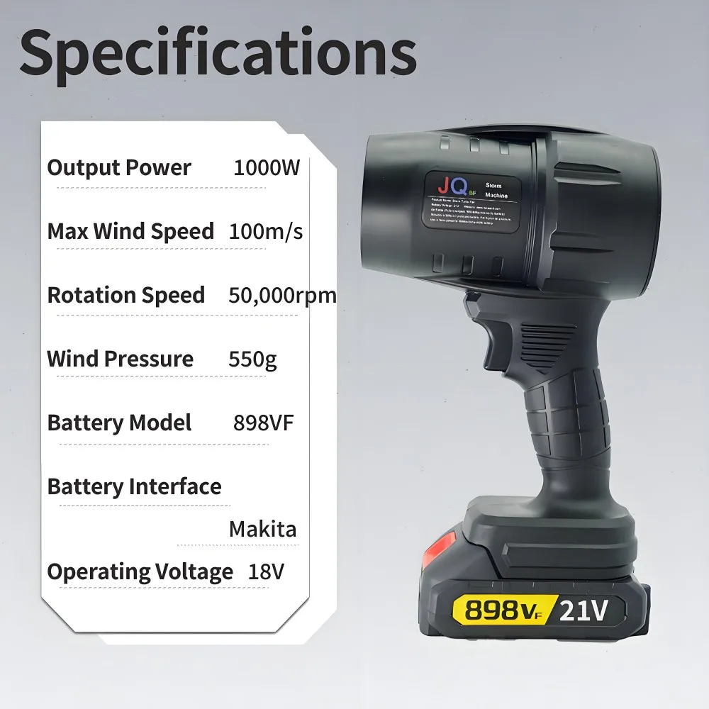 Powerful Air Blower Turbo Fan with Thrust 550g to Cleaning Fallen Leaves, Snow and Sand with 21V Makita-Style Battery