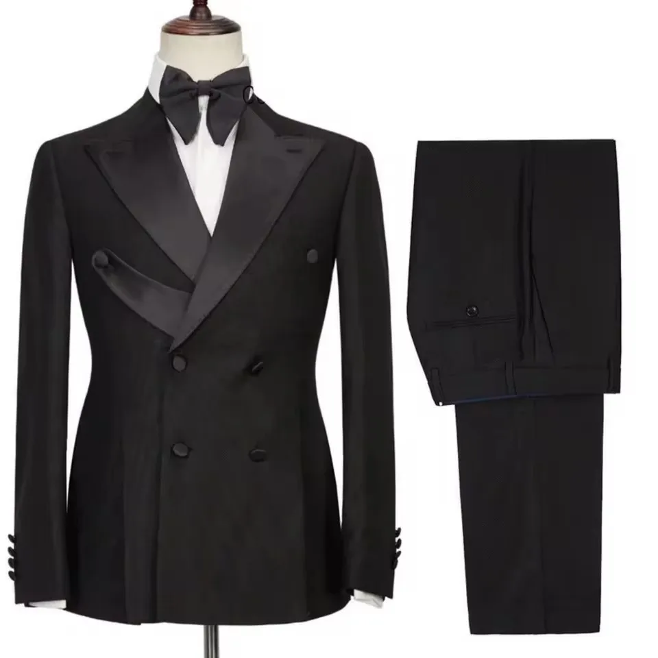 Men Suit 2 Pieces Black With Bright Lapel Double Button For Wedding Groom Banquet Work Birthday Business Daily Jacket And Pants