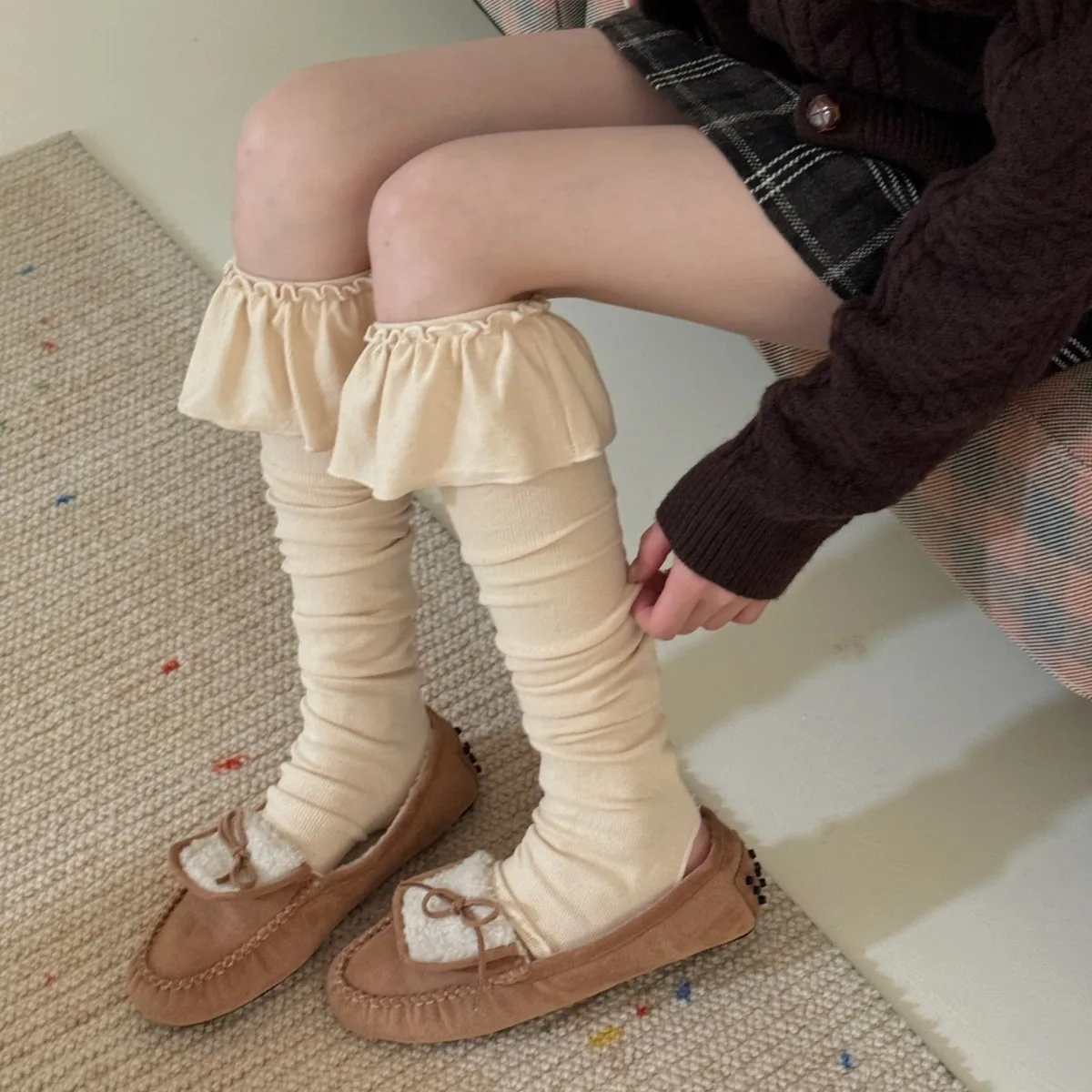 Ruffled Autumn New Korean Ins Slouch Socks Sweet Simple Japanese Women Footed Tights Daily Dating Dress Long Socks