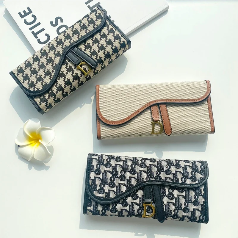 

New retro ladies' long large-capacity multi-compartment wallet with three folding multifunctional canvas coin purse