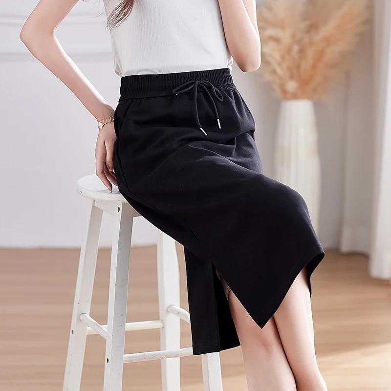 

Эластичная полуюбка на шнуровке с высокой талией для женщин весной и осенью. Новая повседневная и универсальная юбка с разрезом и прямыми штанинами.