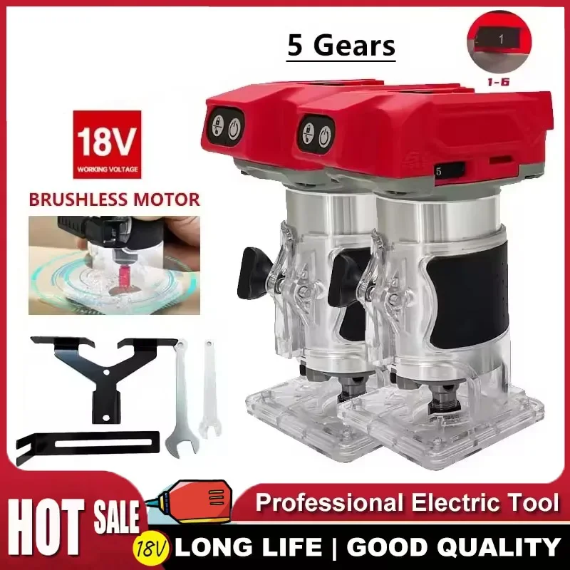 

For Milwaukee Brushless Electric Trimmer 800W 30000RPM Cordless Compact Router 5-Speeds Woodworking Trimming Machine 18V Battery