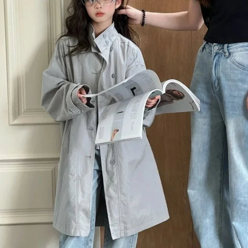 2025 New Korean Inspired Kids' Trench Coat for Girls Classic Solid Color Loose Fitting Long Windbreaker Jacket Casual Outerwear