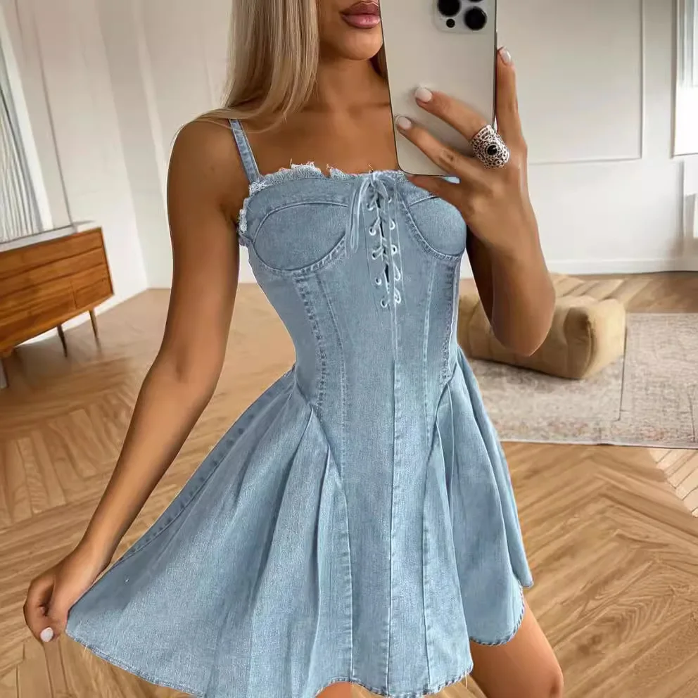 

2026 Women's New Suspender Vest Denim Dress Short Skirt Waist Sexy Lace-up Sleeveless