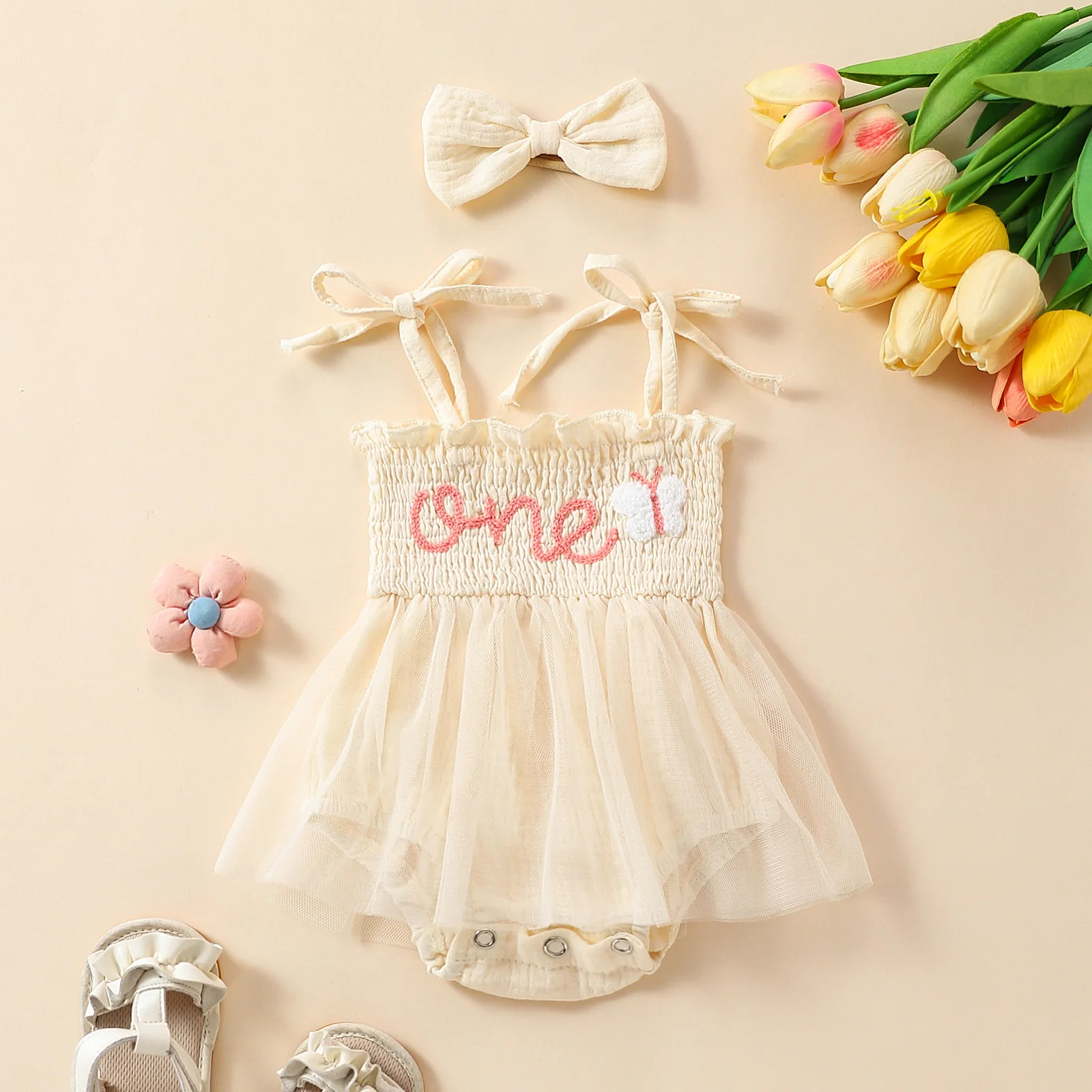 Baby Girl Cute Towel Embroidery Suspender Mesh Dress + Bow Headband Set of 2 #E2303A