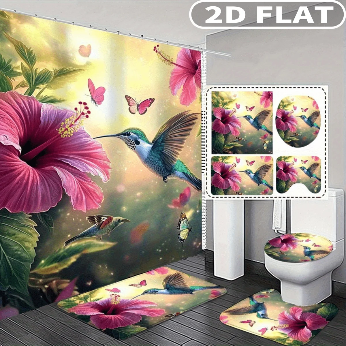 

4pcs 2D FLAT Hummingbird Flower Butterfly Garden Pattern Shower Curtain Set, with 3pc Bath Mat and 1pc Curtains Perfect for Hom