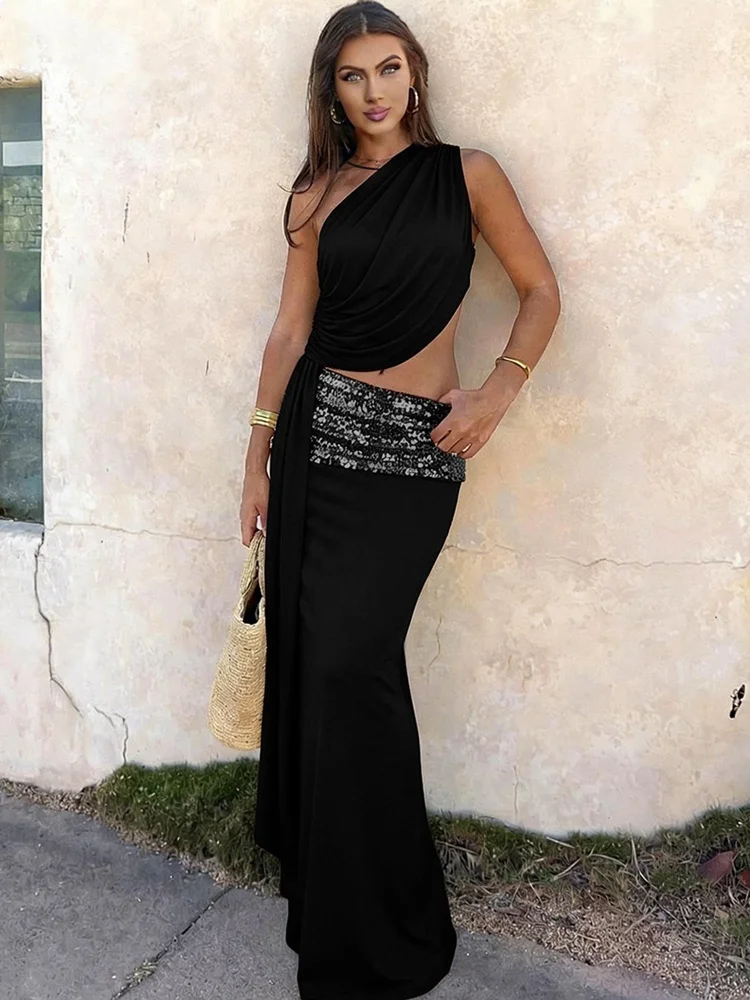 

Сексуальный комплект Sibybo: блестящий топ с открытыми плечами и пайетками, длинная юбка с драпировкой, элегантный облегающий наряд для вечеринок