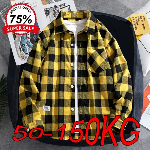 9XL 남성용 플러스 사이즈 셔츠 봄 가을 청소년 느슨한 패션 격자 무늬 얇은 빅 사이즈 옷깃 150kg 긴팔 캐주얼 셔츠를 입을 수 있습니다