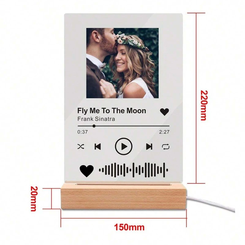 Personalized Song Photo Frame Night Light Customized Photo Text Lamp with Wooden Base 3D Acrylic Night Light for Wedding Decor