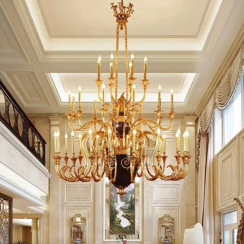 GHJUYIOL French all copper large chandelier duplex floor, living room light, European luxury and grandeur villa, hotel lobby, st