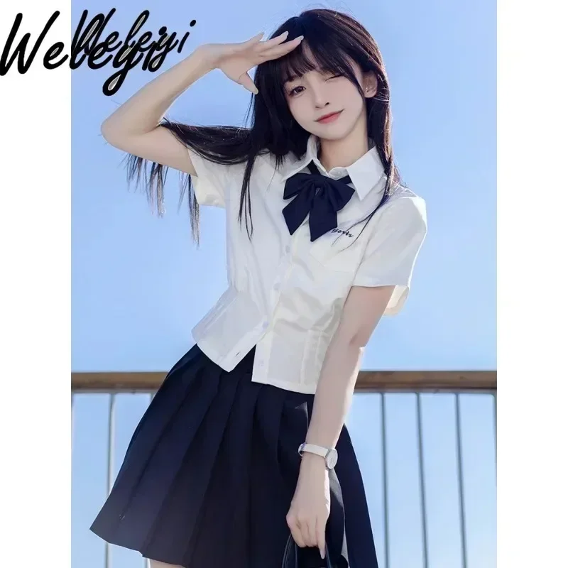 Jirai Kei Embroidery Shirt for School Student JK Uniform Blue Top 2024 Summer New Original College Slim Fit Cinched Blouse Suit