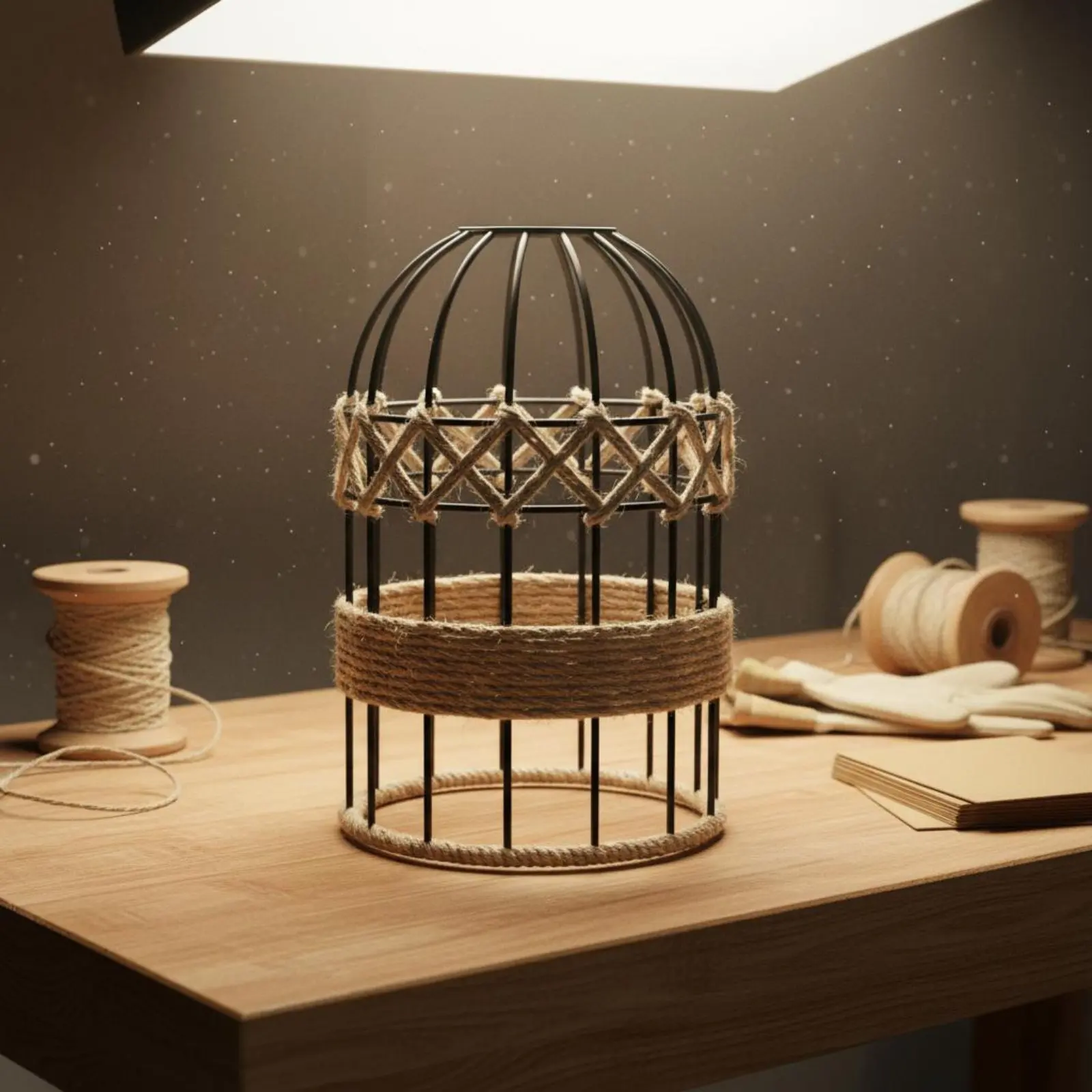 Rustic Birdcage Lampshade Rustic Elegance Hemp Rope Lamp Cage Pendant Light Guard Indoor Lighting for Cafe, Dining Room