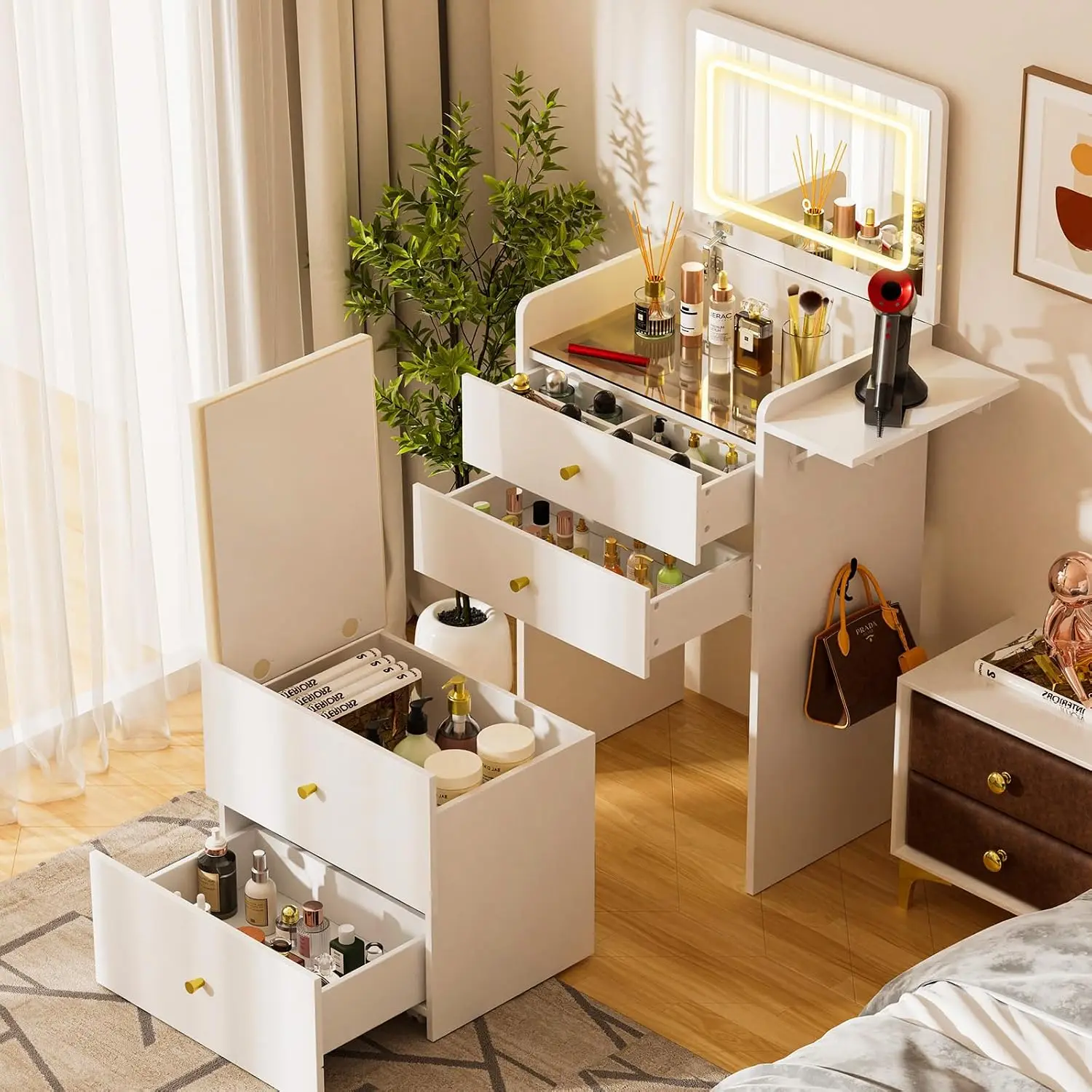 Makeup Vanity Desk with Mirror and Lights, Small 3 in 1 Vanity Table with Visible Glass Top, Flip Top & 3 Drawers, Compact Dress