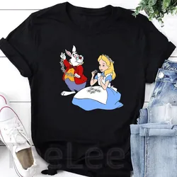 Camiseta de Alicia en el país de las maravillas para mujer, camisetas negras estampadas Harajuku, Tops de manga corta con cuello redondo, camisetas gráficas de dibujos animados