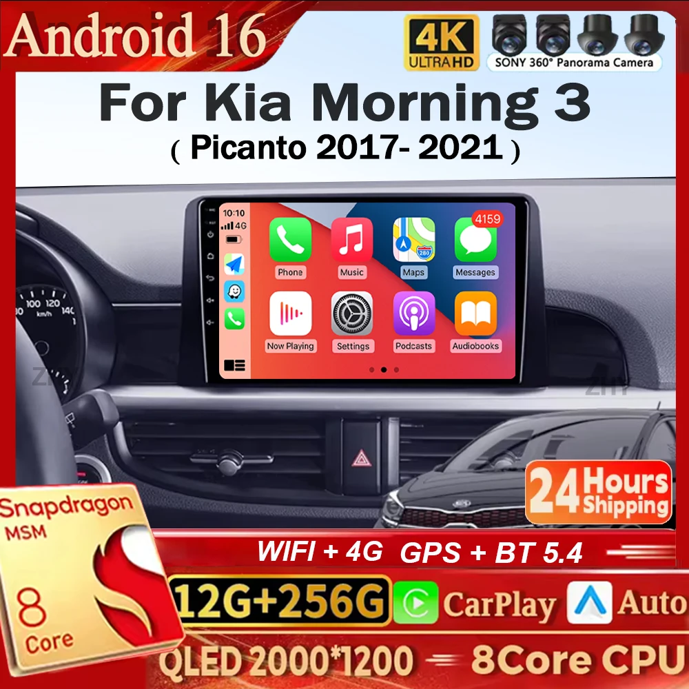 Radio Multimedia para Auto con Pantalla 2K Android 16 Carplay, Reproductor de Video, Autoradio Estéreo 2 DIN para Kia Morning 3 Picanto 2017-2021
