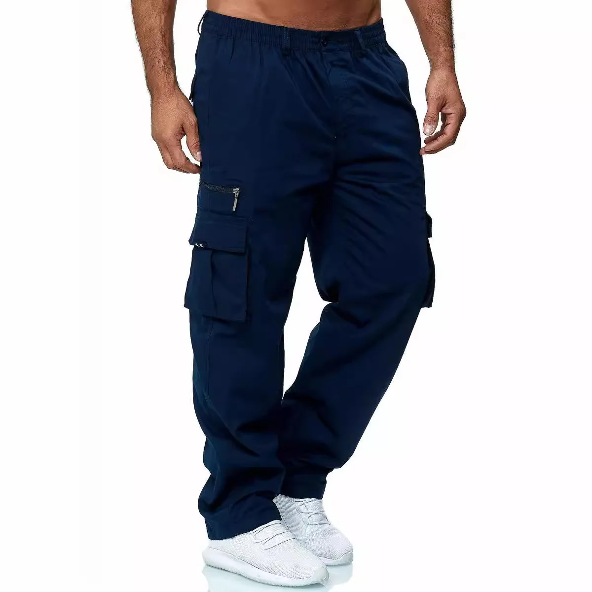 Men's Solid Color Straight Sports Pants Drawstring Loose Cargo Pants Full Length High Waist