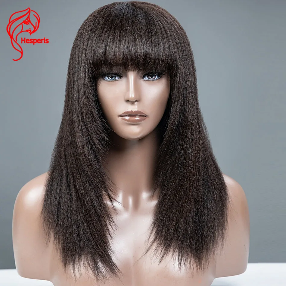 

Hesperis Yaki Straight Human Hair Wig With Bangs Remy Brazilian Hair Scalp Top Full Machine Made Layered Cut Wigs For Women