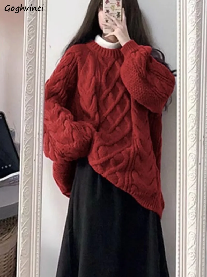 

Pullovers Women Jacquard Ins Solid Autumn Winter Thickened Lazy Style Loose Fit Knitted Sweaters Popular Christmas Korean Trendy