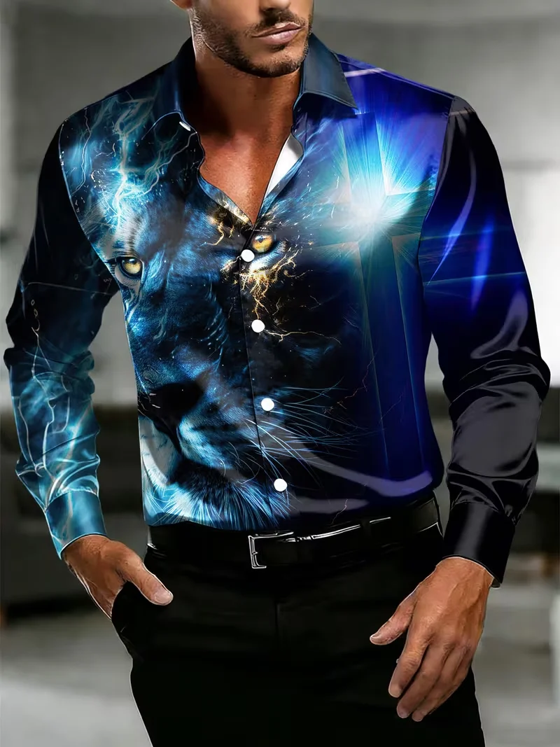 New style dark green black line geometric stripe 3D printed long sleeved shirt smooth satin lapel men's top clothing