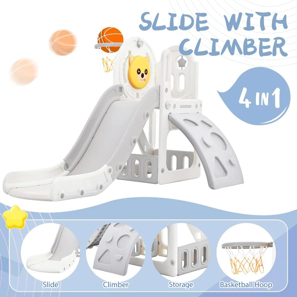 

Toddler Climber and Slide Set 4 in 1 Kids Playground Climber Slide Play set with Basketball Hoop Play Combination Slides