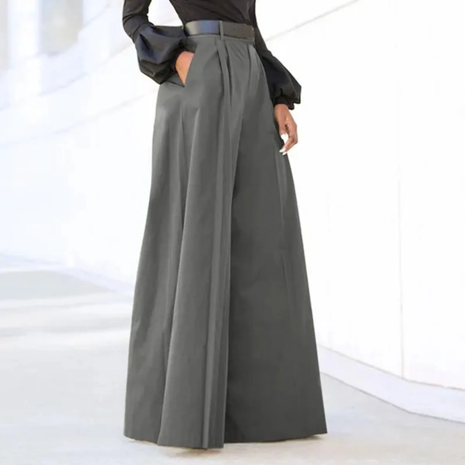 Fashion Elegant Party Pants For Women Palazzo Pants Summer Solid Color Cropped Cotton Linen Comfy Baggy Trousers With Pockets