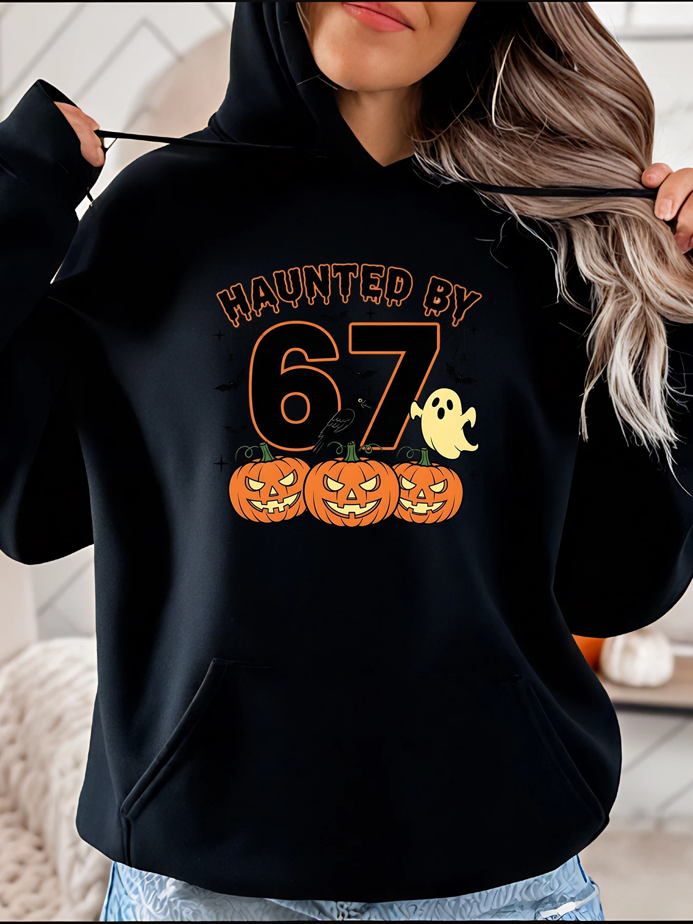

Halloween Hoodie Haunted by 67 Pumpkin Ghost Print Women's Casual Sweatshirt Autumn Seasonal Costume Top