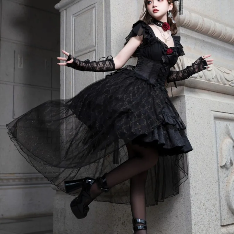 

Dark rose Goth style less flower married daily short-sleeved pompadour dress