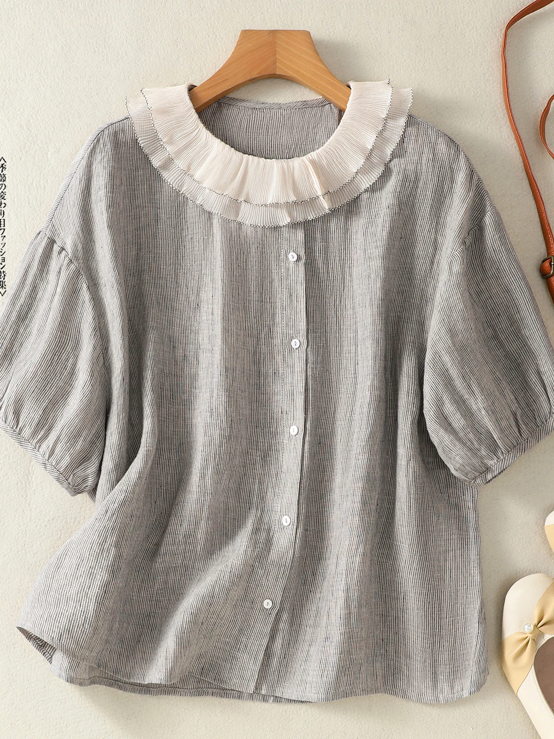 

Повседневная женская летняя блузка большого размера из хлопка и льна в полоску с плиссировкой, цветными блоками и воротником «Питер Пэн», с рукавами-фонариками, новинка