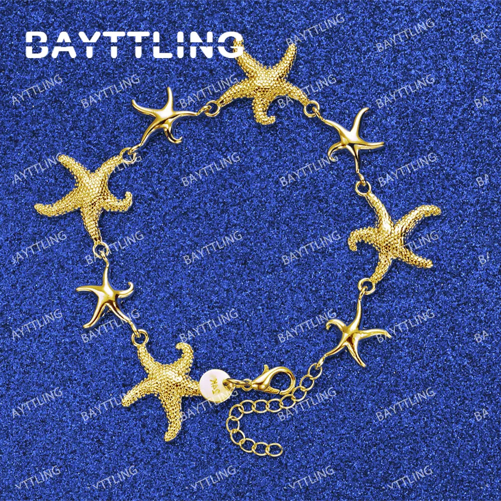 Pulsera de plata de ley 925 para mujer, brazalete de oro de 18K y 8 pulgadas con forma de estrella de mar, regalo de boda, joyería