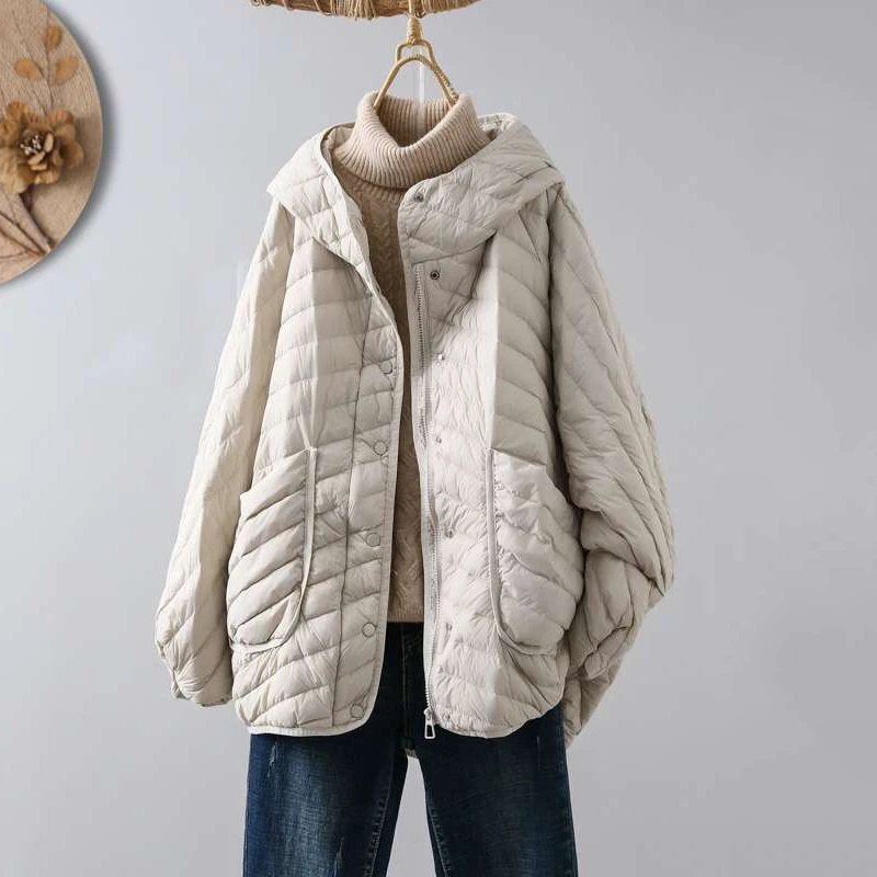 

Зимний однотонный свободный пуховик с двойными карманами, легкие теплые парки с капюшоном, женская белая куртка на молнии, верхняя одежда JJ1168