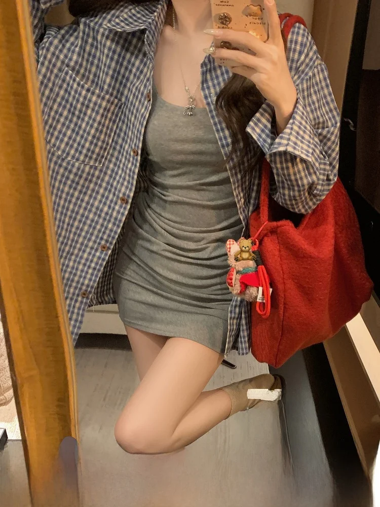 

Blue Small Plaid Loose Women's Shirt DDXZ Evening Lazy Style Casual Outerwear Slimming Meat Covering Commute Fashion