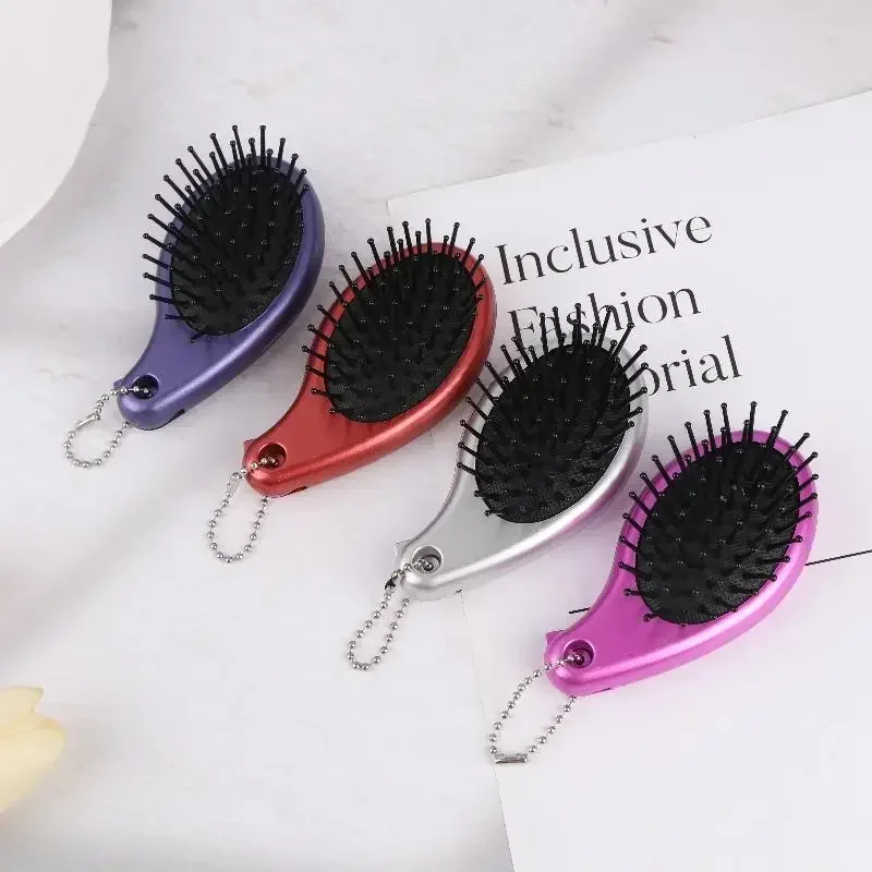 3-in-1 Portable Hair Brush With Mirror And Flat Top Comb Foldable Dual-Use Massage Feature Trendy Air Cushion Comb